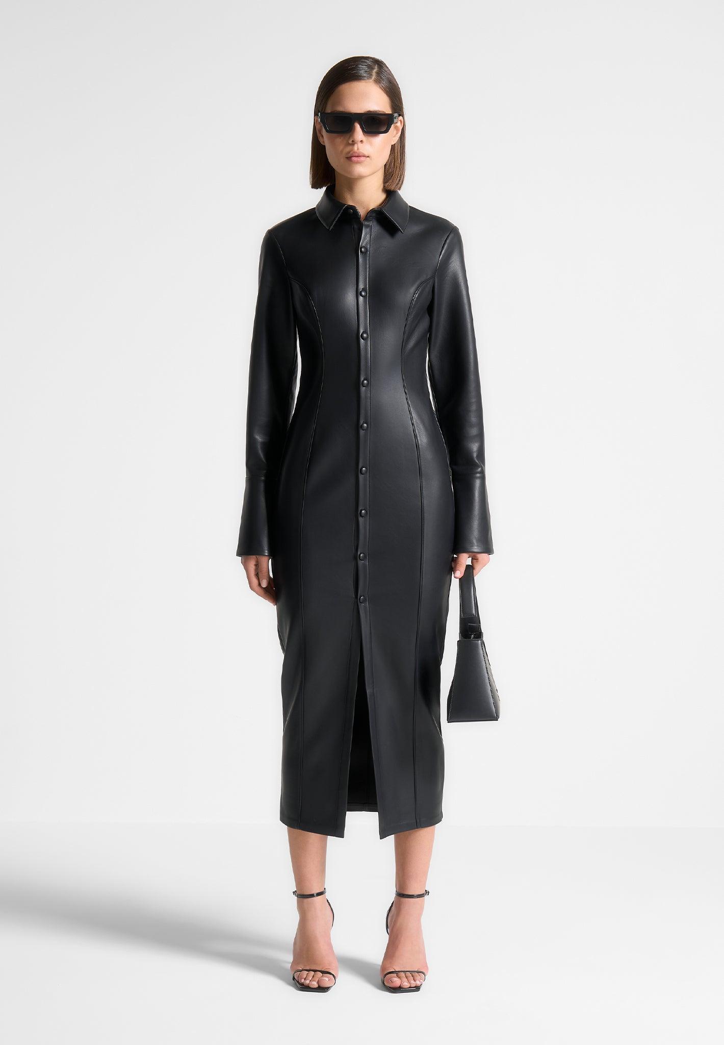 Leather Midaxi Shirt Dress - Black Female Product Image