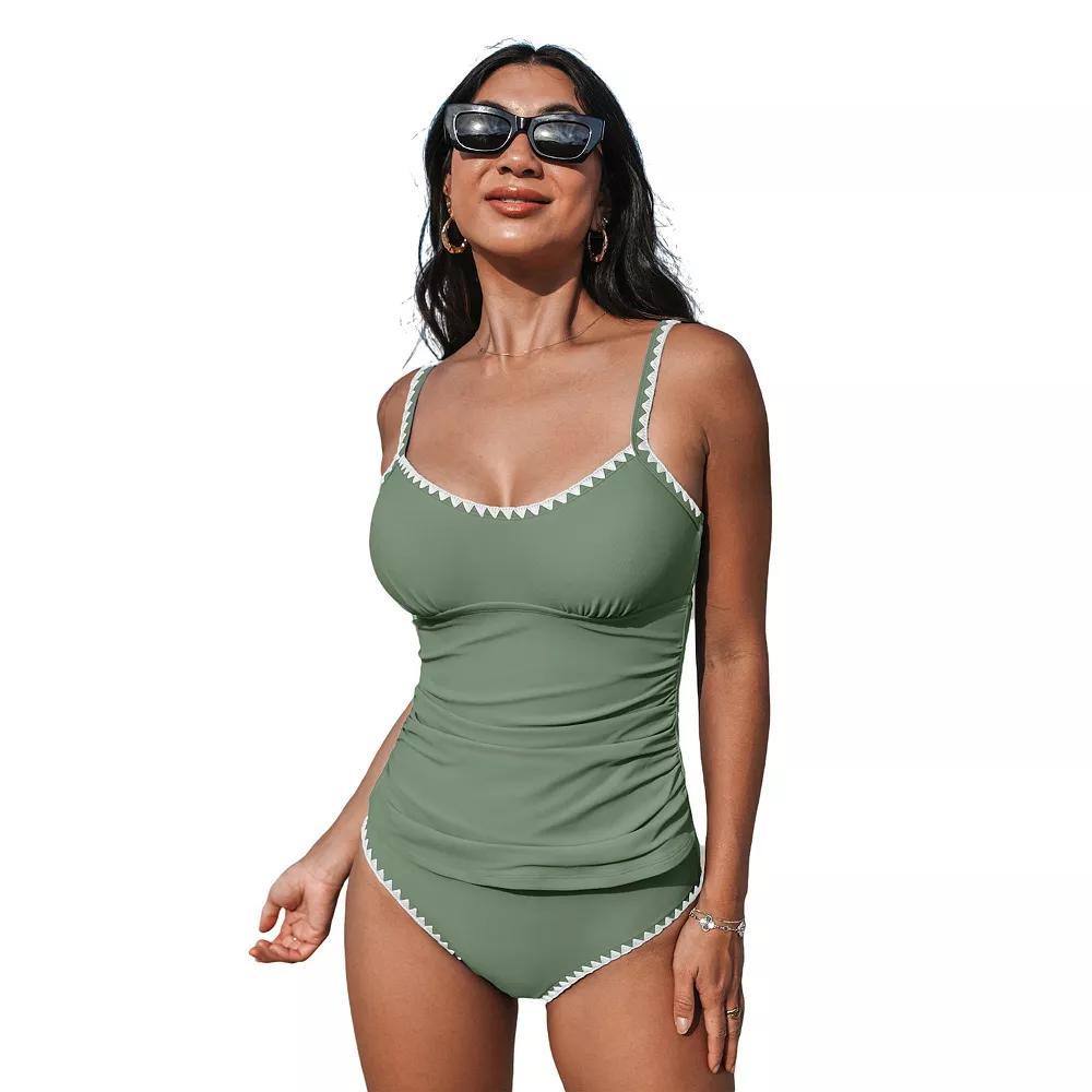 Women's Cupshe 2-pc. Scoop Neck Shell Stitch Ruched Tankini Swim Top & Swim Bottoms Set, Size: XL, Green Product Image