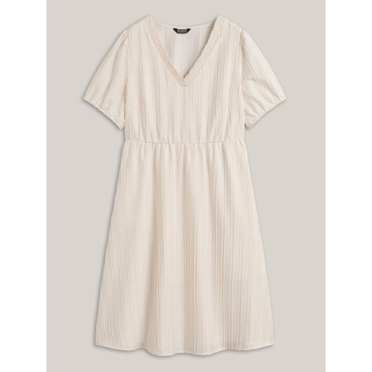 Plus Size Textured V-Neck Pockets Solid Midi Dress Ivory Women V-neck Short sleeve Curvy BloomChic 12/L Product Image