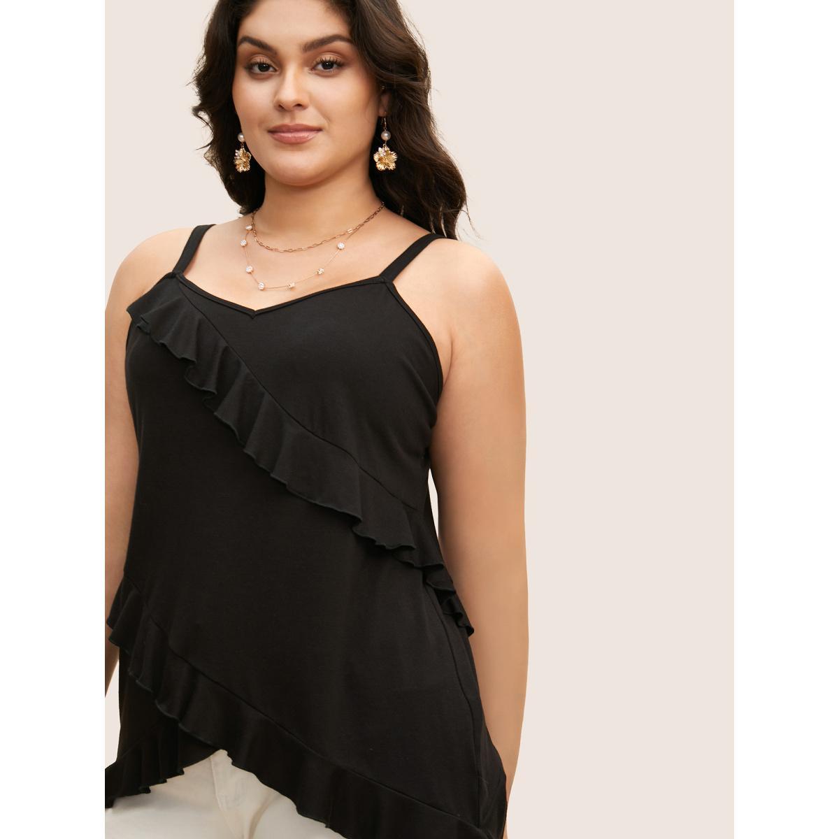 Plus Size Solid Patchwork Ruffle Trim Adjustable Straps Cami Top Women Black Elegant Patchwork V-neck Everyday Tank Tops Camis BloomChic 14-16/1X Product Image