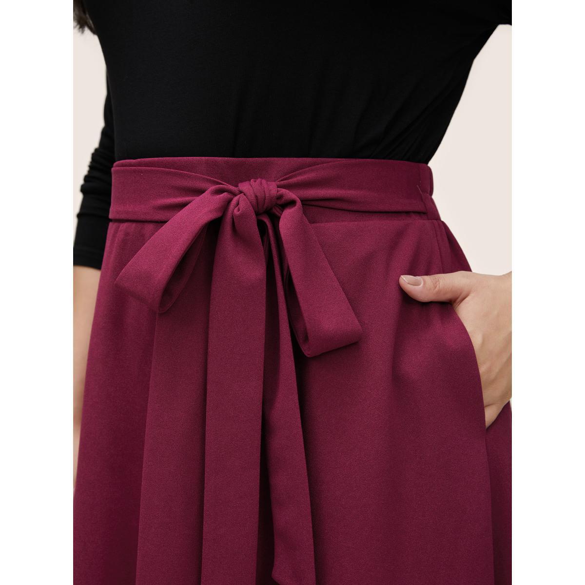 Plus Size Plain Elastic Waist Pocket Ties Cropped Skirt Women RedViolet Workwear Essentials Belted No stretch Slanted pocket Belt Work Skirts BloomChic 28/5X Product Image