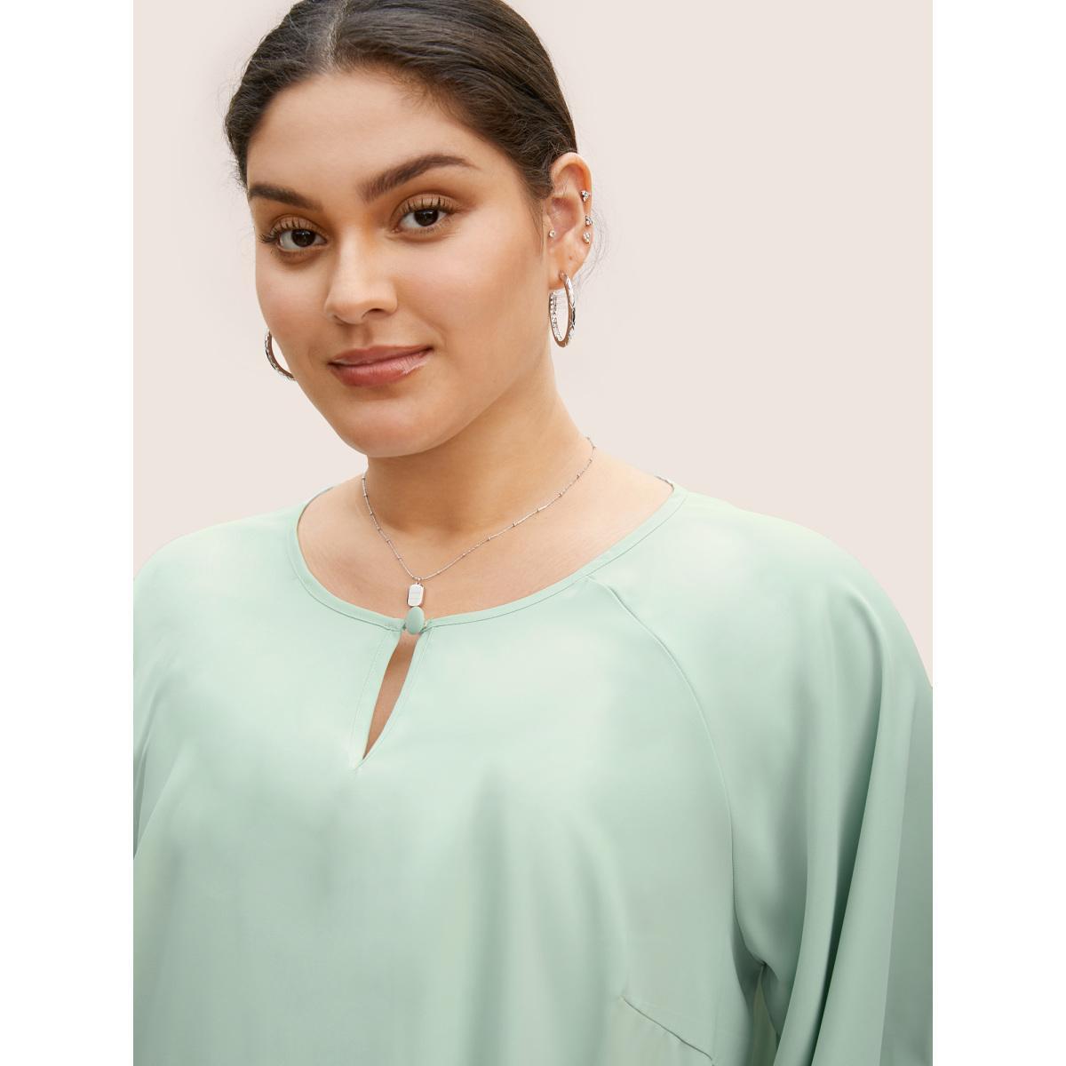 Plus Size Mint Solid Raglan Sleeve Keyhole Button Up Blouse Women Work From Home Elbow-length sleeve Notched collar Work Blouses BloomChic 26/4X Product Image