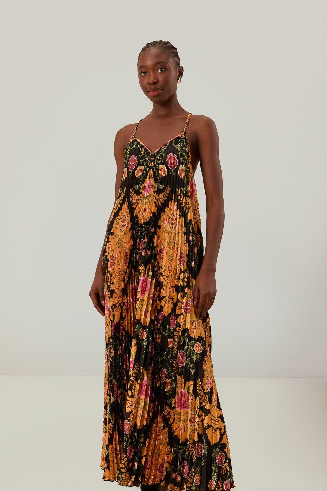 Black Arabesque Floral Pleated Midi Dress, ARABESQUE FLORAL BLACK / S Product Image