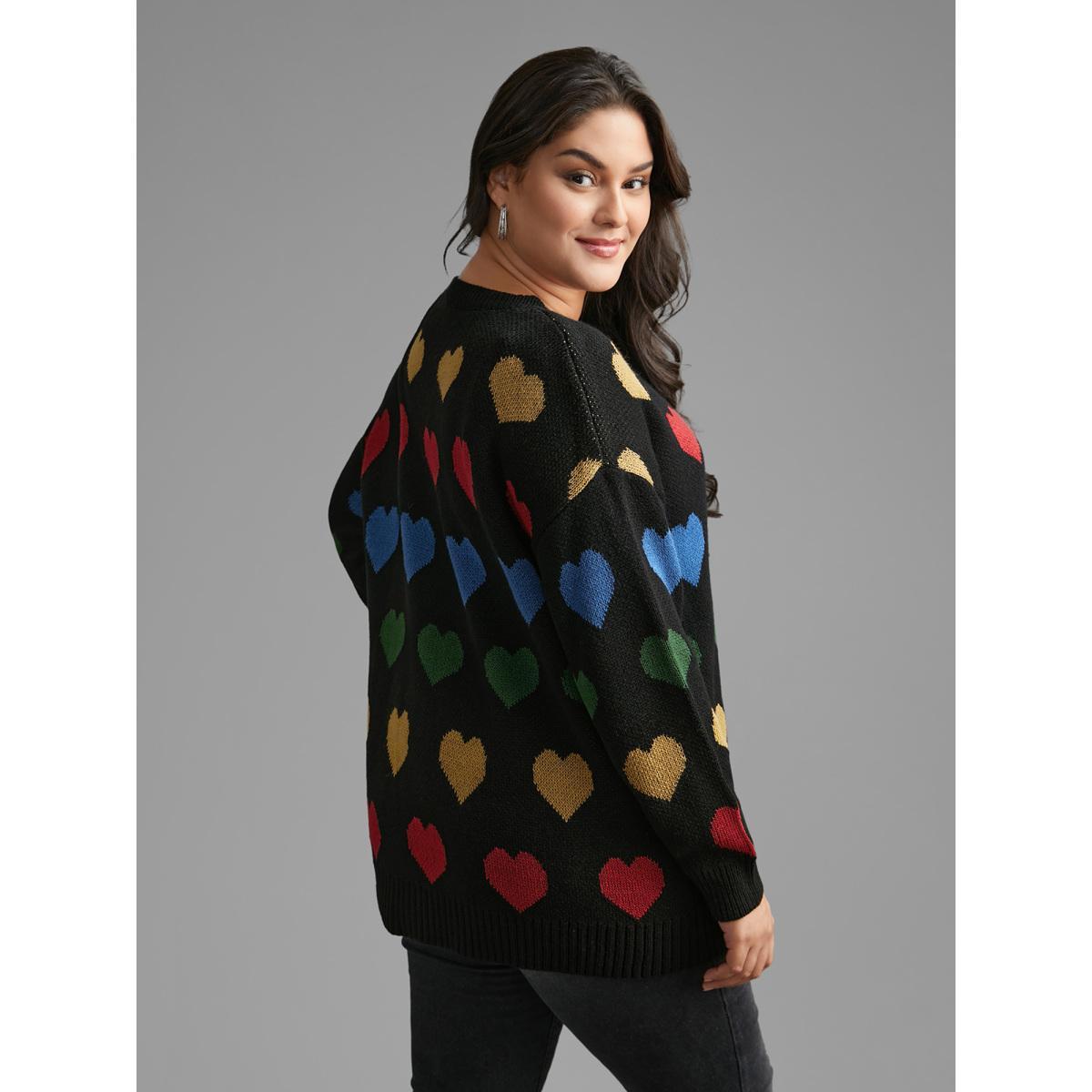 Plus Size Colored Heart Drop Shoulder Sleeve Pullover Black Women Casual Loose Long Sleeve Round Neck Everyday Pullovers BloomChic 22-24/3X Product Image