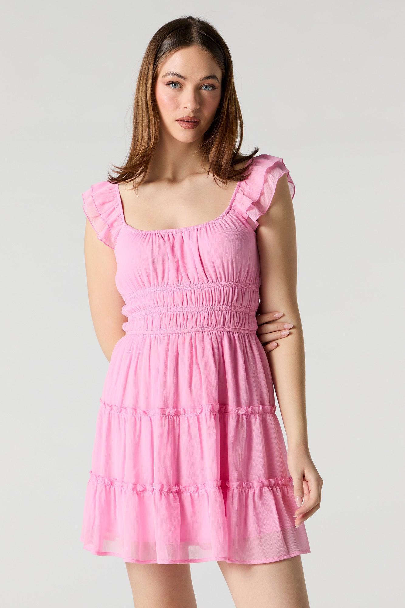 Chiffon Tiered Flutter Sleeve Mini Dress Female Product Image