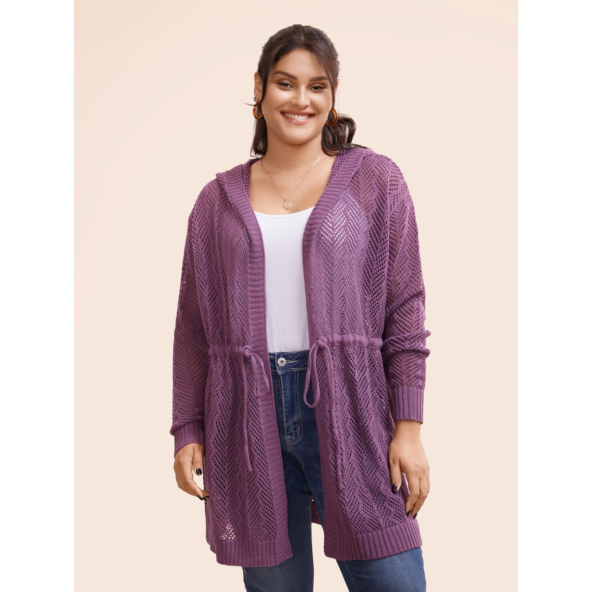 Plus Size Plain Hooded Drawstring Drop Shoulder Cardigan Eggplant Women Casual Loose Long Sleeve Everyday Cardigans BloomChic 28/5X Product Image