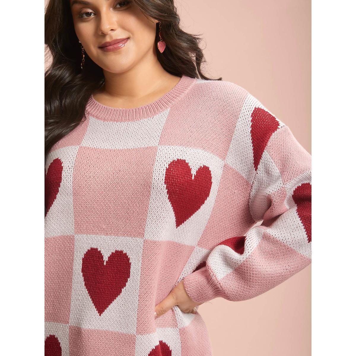 Plus Size Checkered Hearts Jacquard Color-Contrast Pullover Watermelon Women Casual Loose Long Sleeve Round Neck Everyday Pullovers BloomChic 30/6X Product Image
