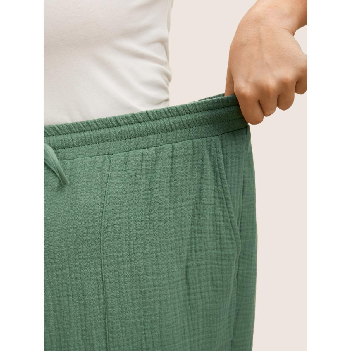 Plus Size Plain Textured Drawstring Wide Leg Pants Women Emerald Casual Wide Leg Mid Rise Everyday Pants BloomChic 22-24/3X Product Image