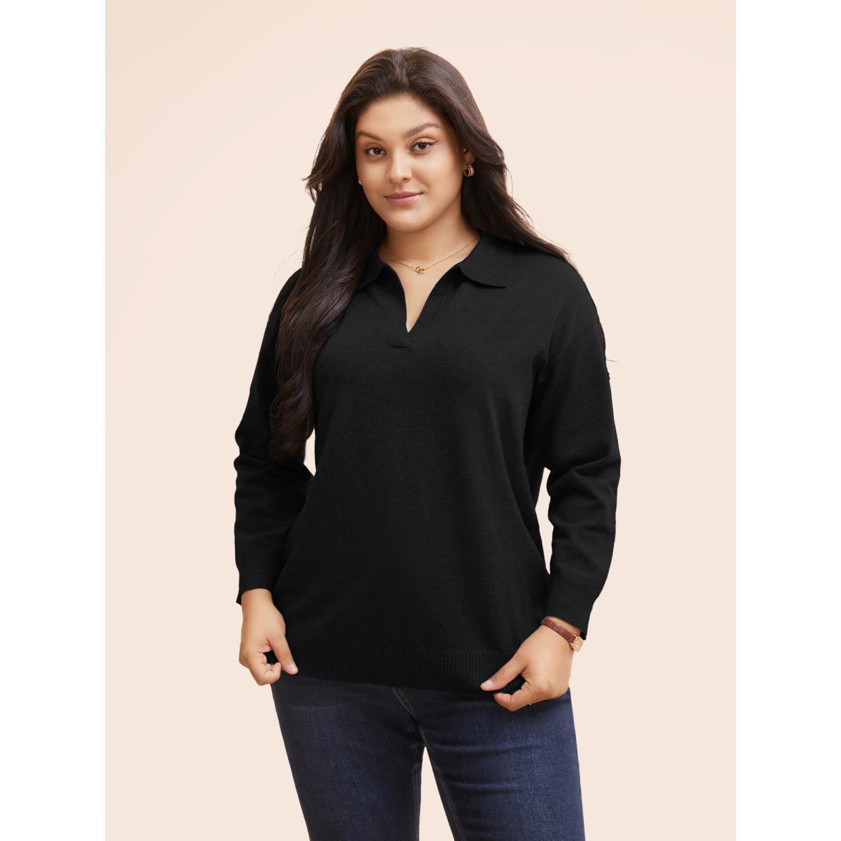 Plus Size Polo Neck Drop Shoulder Sleeve Soft Pullover Black Women Casual Long Sleeve Polo Everyday Pullovers BloomChic 12/L Product Image