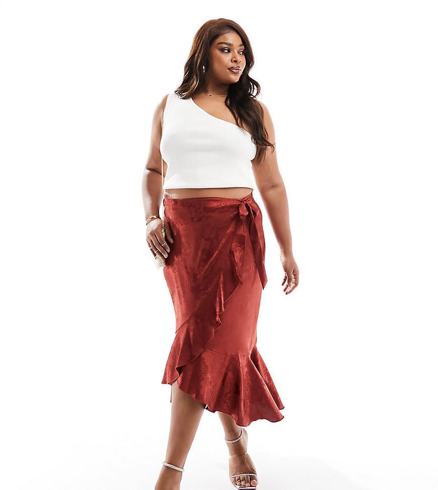 Flounce London Plus satin wrap midaxi skirt in rust Product Image