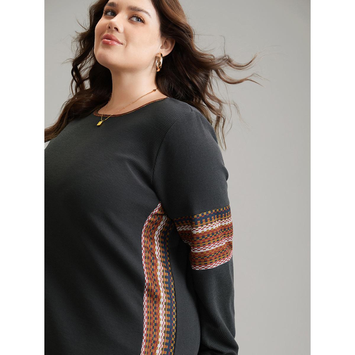 Plus Size Bandana Print Waffle Knit T-shirt DarkGray Women Elegant Waffle Knit Bohemian Print Round Neck Dailywear T-shirts BloomChic 26/4X Product Image