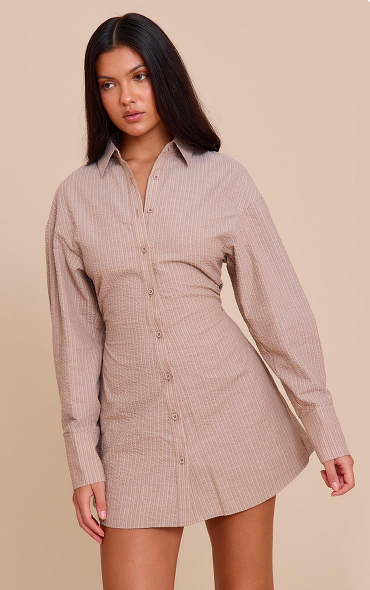 Taupe Pinstripe Seersucker Cinched Waist Shirt Dress Product Image