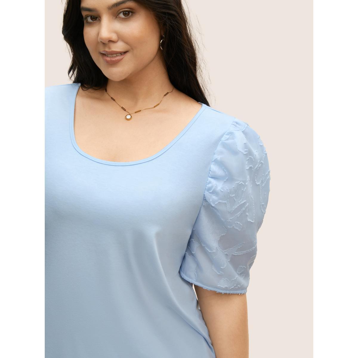 Plus Size U Neck Chiffon Patchwork Bishop Sleeve T-shirt LightBlue Women Elegant Gathered U-neck Everyday T-shirts BloomChic 26/4X Product Image