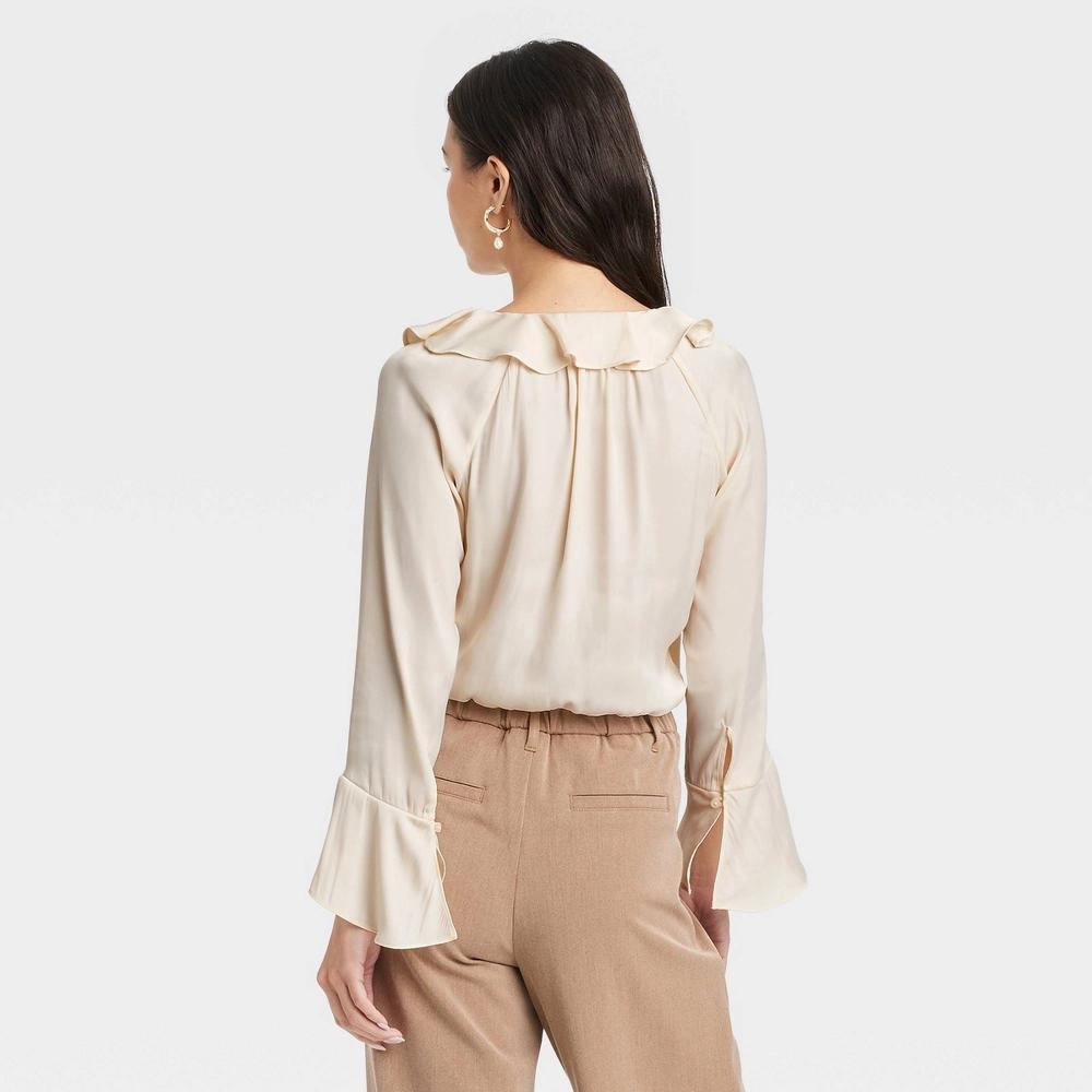 Womens Flounce Long Sleeve V Neck Ruffle Wrap Blouse - A New Day Cream 2X: Recycled Polyester, Satin, Pullover, Button Cuff Product Image