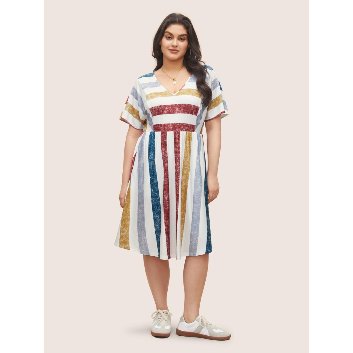 Plus Size Color Striped Pocket Batwing Sleeve Dress Multicolor Women Casual Non V-neck Short sleeve Curvy Midi Dress BloomChic 26/4X Product Image