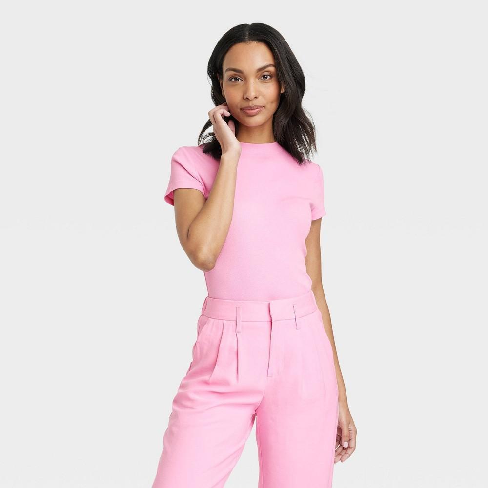 Women's Slim Fit Short Sleeve Ribbed T-Shirt - A New Day™ Light XL Product Image