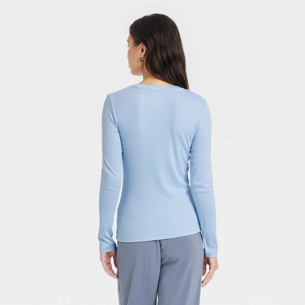 Women's Slim Fit Long Sleeve Ribbed T-Shirt - A New Day™ Blue XS Product Image
