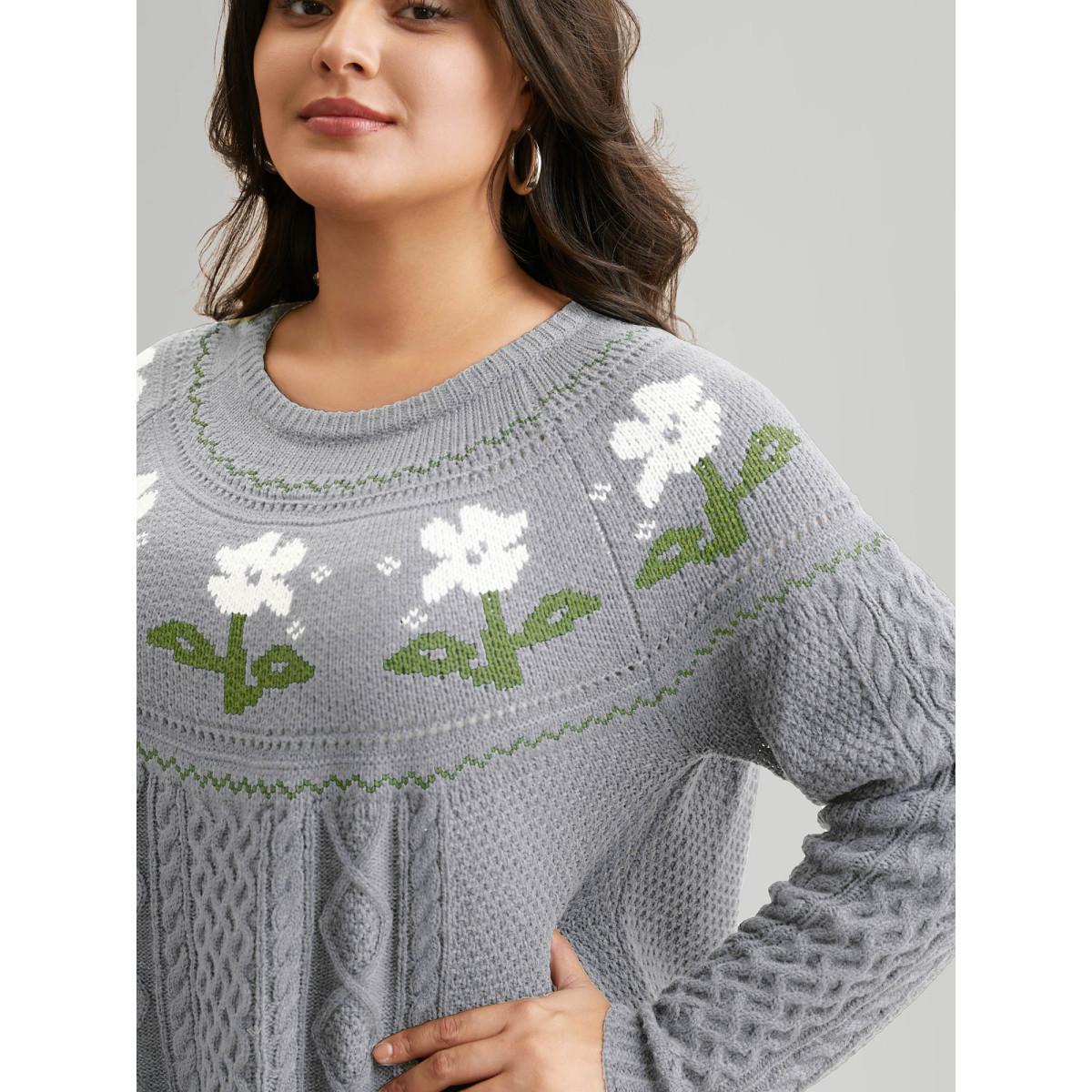 Plus Size Floral Jacquard Raglan Sleeve Pullover LightGray Women Casual Long Sleeve Round Neck Everyday Pullovers BloomChic 18-20/2X Product Image