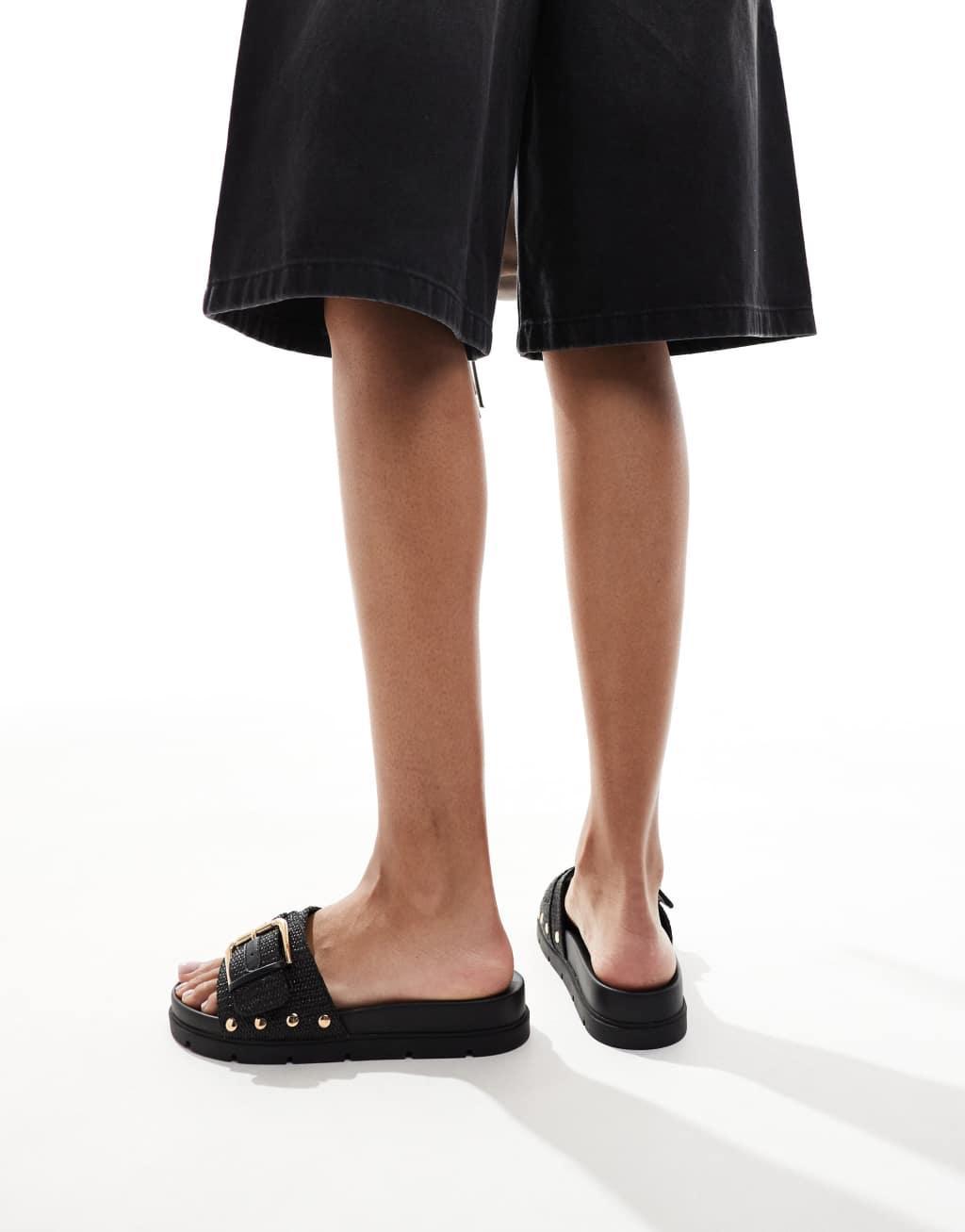 London Rebel Wide Fit buckle detail studded sandals in raffia black Product Image