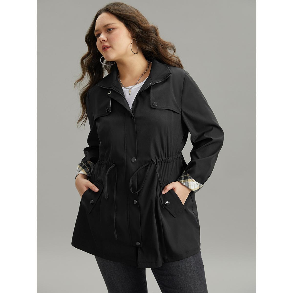 Plus Size Wind-Resistant Plaid Patchwork Drawstring Zipper Coat Women Black Contrast Pocket Dailywear Jackets BloomChic 26/4X Product Image