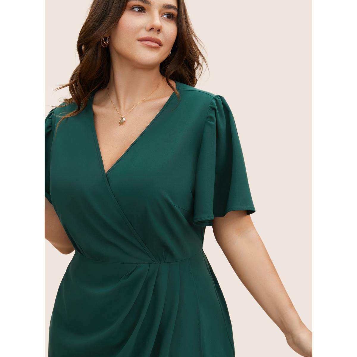 Plus Size Solid Pleated Ruffle Sleeve Wrap Hem Dress DarkGreen Women Elegant Gathered Overlap Collar Short sleeve Curvy BloomChic 12/L Product Image