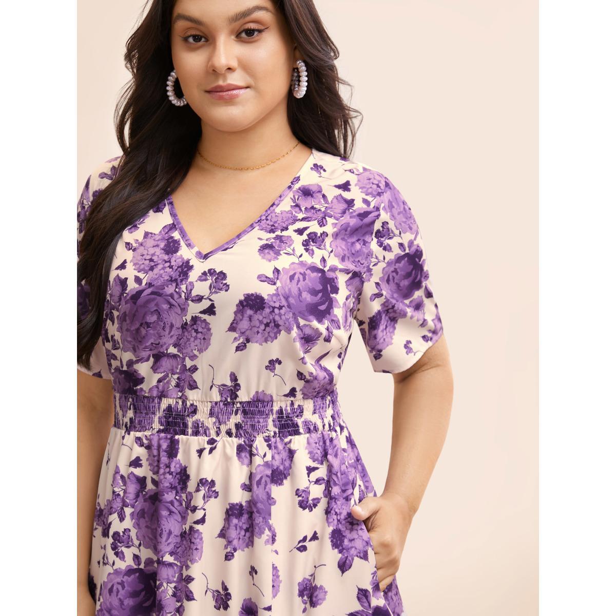 Plus Size Floral Print Split Side Shirred Dress BlueViolet Women Elegant Shirred V-neck Short sleeve Curvy BloomChic 14-16/1X Product Image