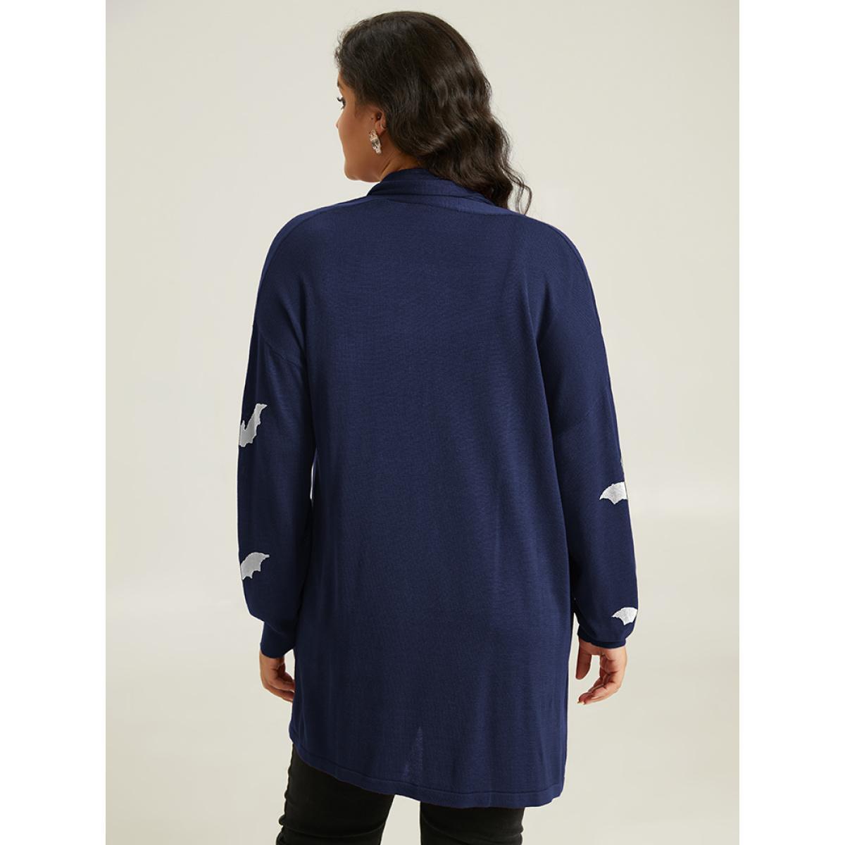Plus Size Supersoft Essentials Halloween Bat Pattern Lapel Collar Cardigan Indigo Women Casual Loose Long Sleeve Festival-Halloween Cardigans BloomChic 10/M Product Image