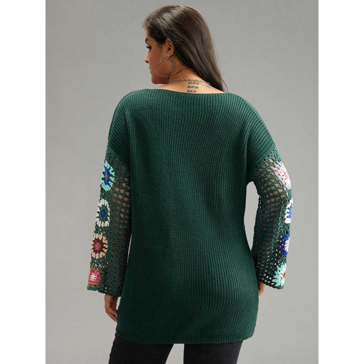 Plus Size Floral Embroidered Hollow Out Pullover DarkGreen Women Casual Long Sleeve V-neck Everyday Pullovers BloomChic 30/6X Product Image