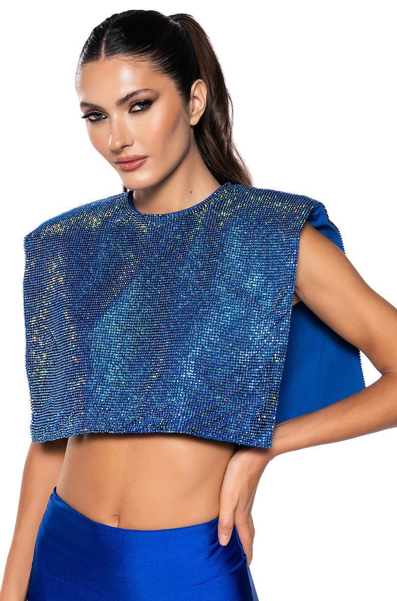 DISCO BABE SLEEVELESS RHINESTONE CROP TOP IN BLUE Product Image