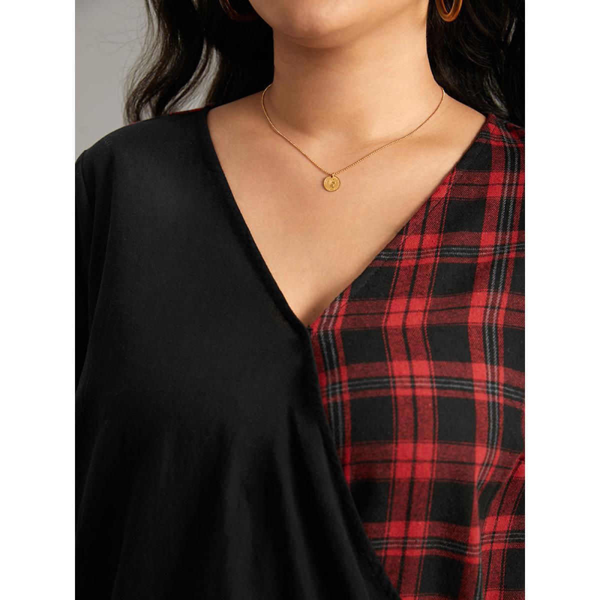 Plus Size Black Plaid Patchwork Wrap Tab Sleeve Blouse Women Casual Elbow-length sleeve V-neck Everyday Blouses BloomChic 10/M Product Image