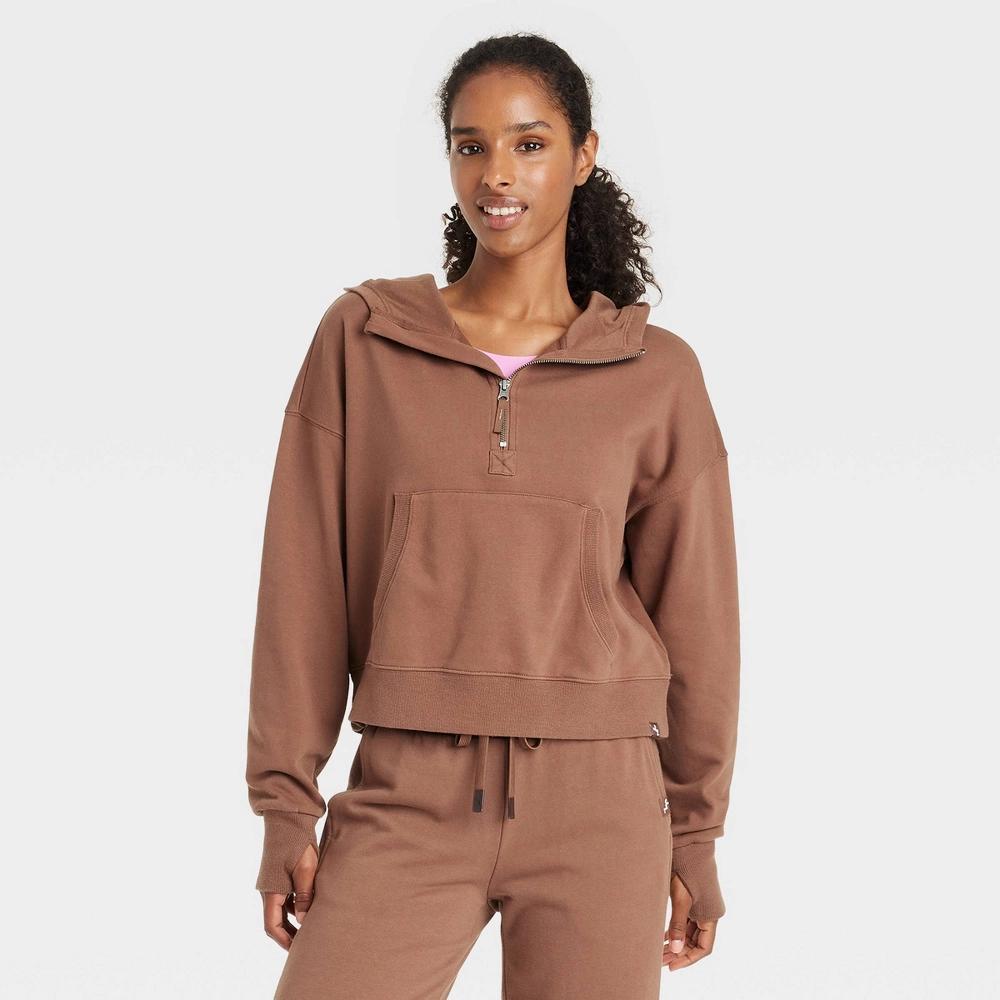 Womens French Terry 1/2 Zip Hooded Pullover Sweatshirt - JoyLab Brown XS Product Image
