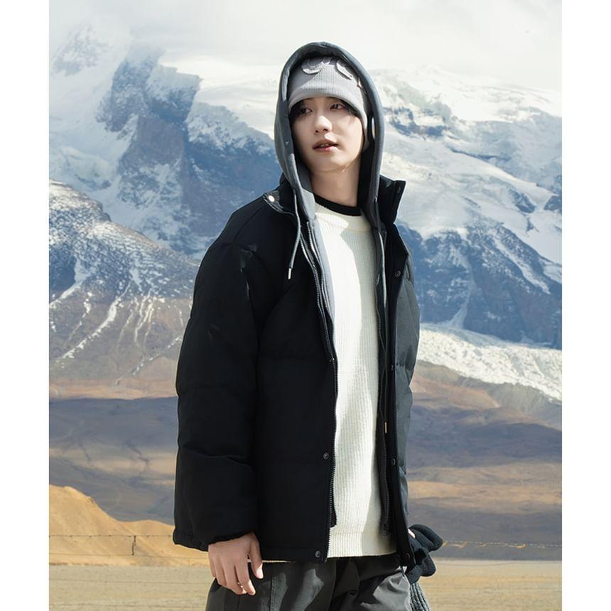 Mock Two-Piece Applique Drawstring Hooded Down Zip Jacket Product Image