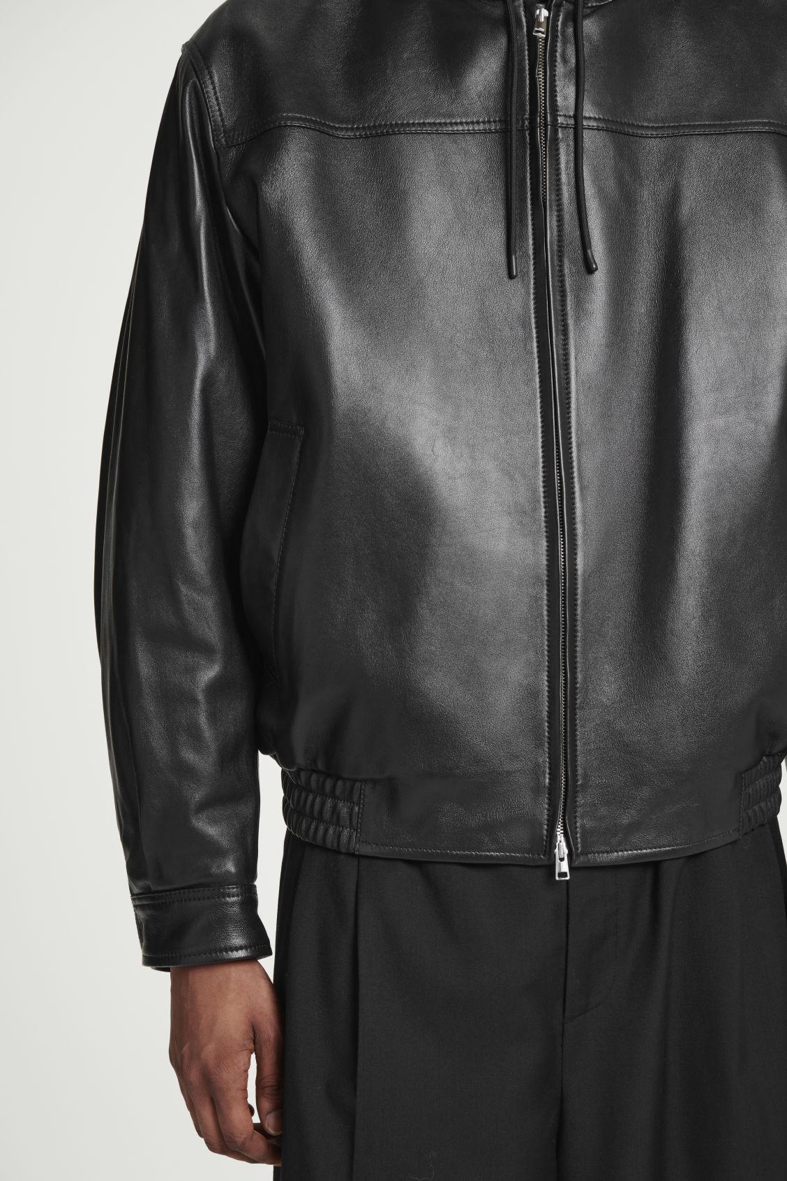 HOODED LEATHER BOMBER JACKET Product Image