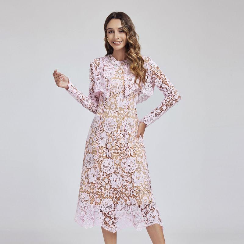 Set: Sleeveless Crew Neck Lace Midi Sheath Dress + Shrug Product Image