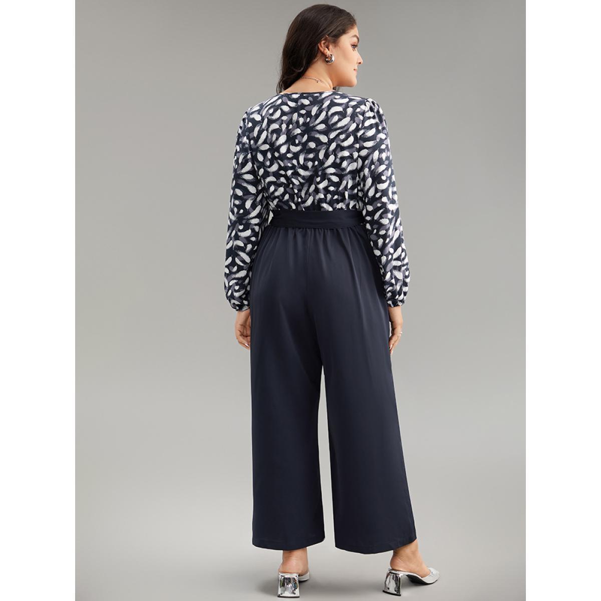 Plus Size Indigo Brush Print Patchwork Wrap Belted Jumpsuit Women Office Long Sleeve V-neck Festival-Christmas Loose Jumpsuits BloomChic 18-20/2X Product Image