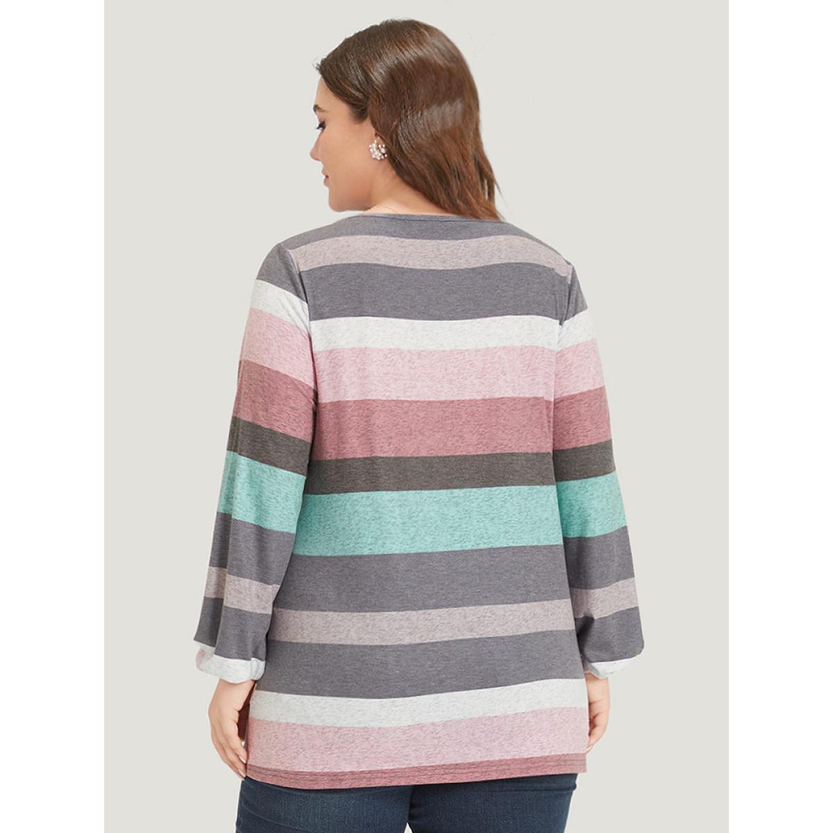 Plus Size Colour Striped Contrast Crisscross Lantern Sleeve T-shirt Multicolor Women Casual Elastic cuffs Striped V-neck Dailywear T-shirts BloomChic 30/6X Product Image