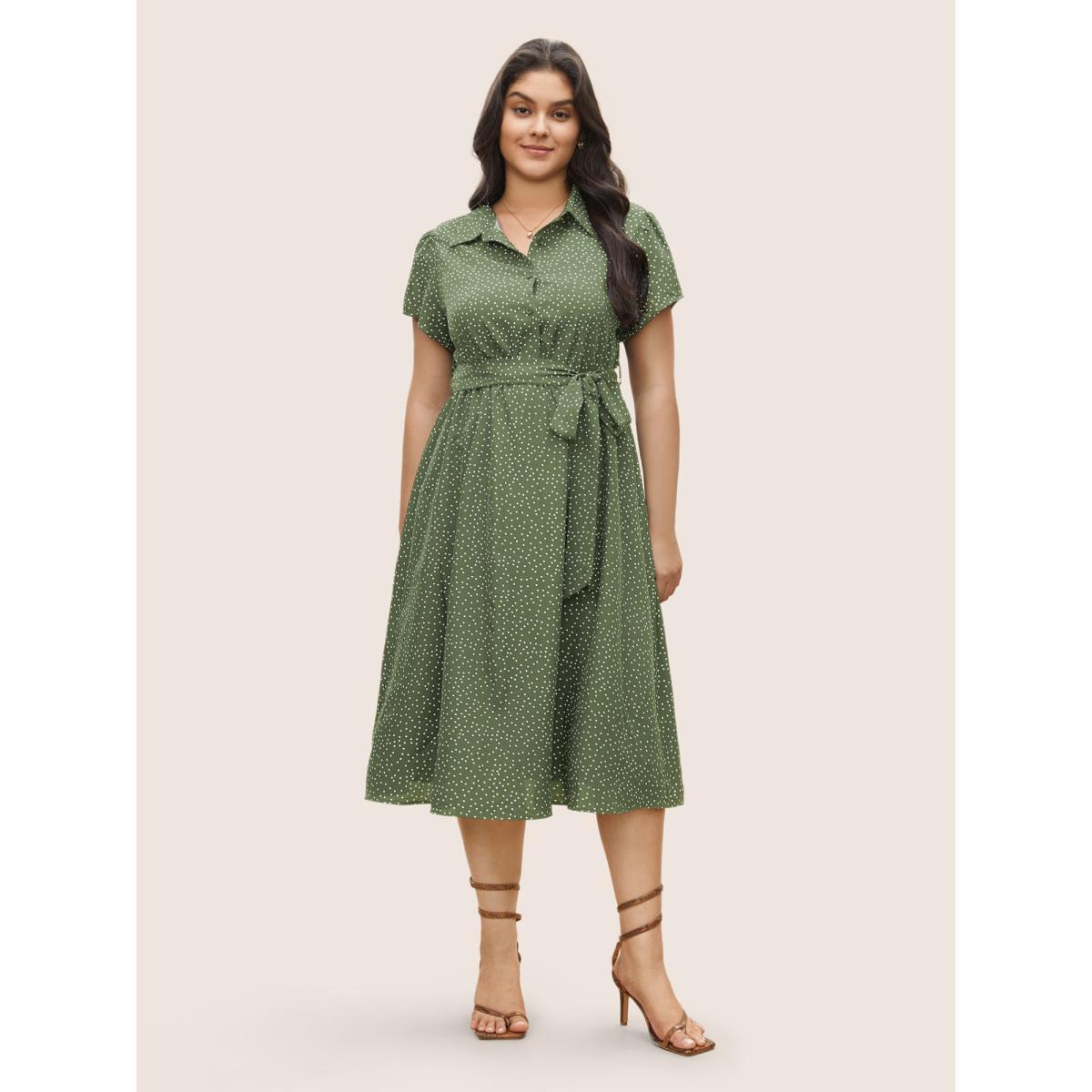 Plus Size Polka Dot Shirt Collar Pocket Button Up Dress Sage Women At the Office Non Shirt collar Short sleeve Curvy Midi Dress BloomChic 30/6X Product Image