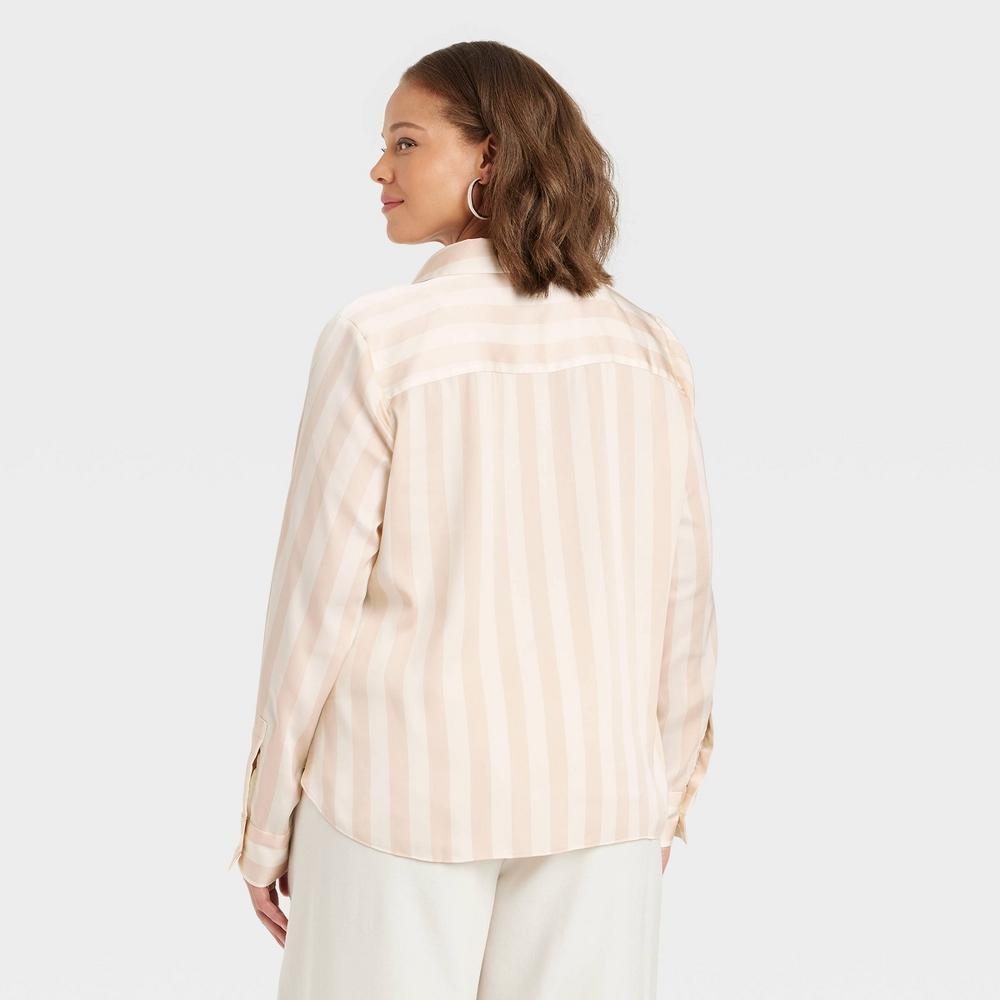 Women's Slim Fit Long Sleeve Satin Button-Down Shirt - A New Day™ Beige/White Striped 4X: Relaxed Fit, Machine Washable Product Image