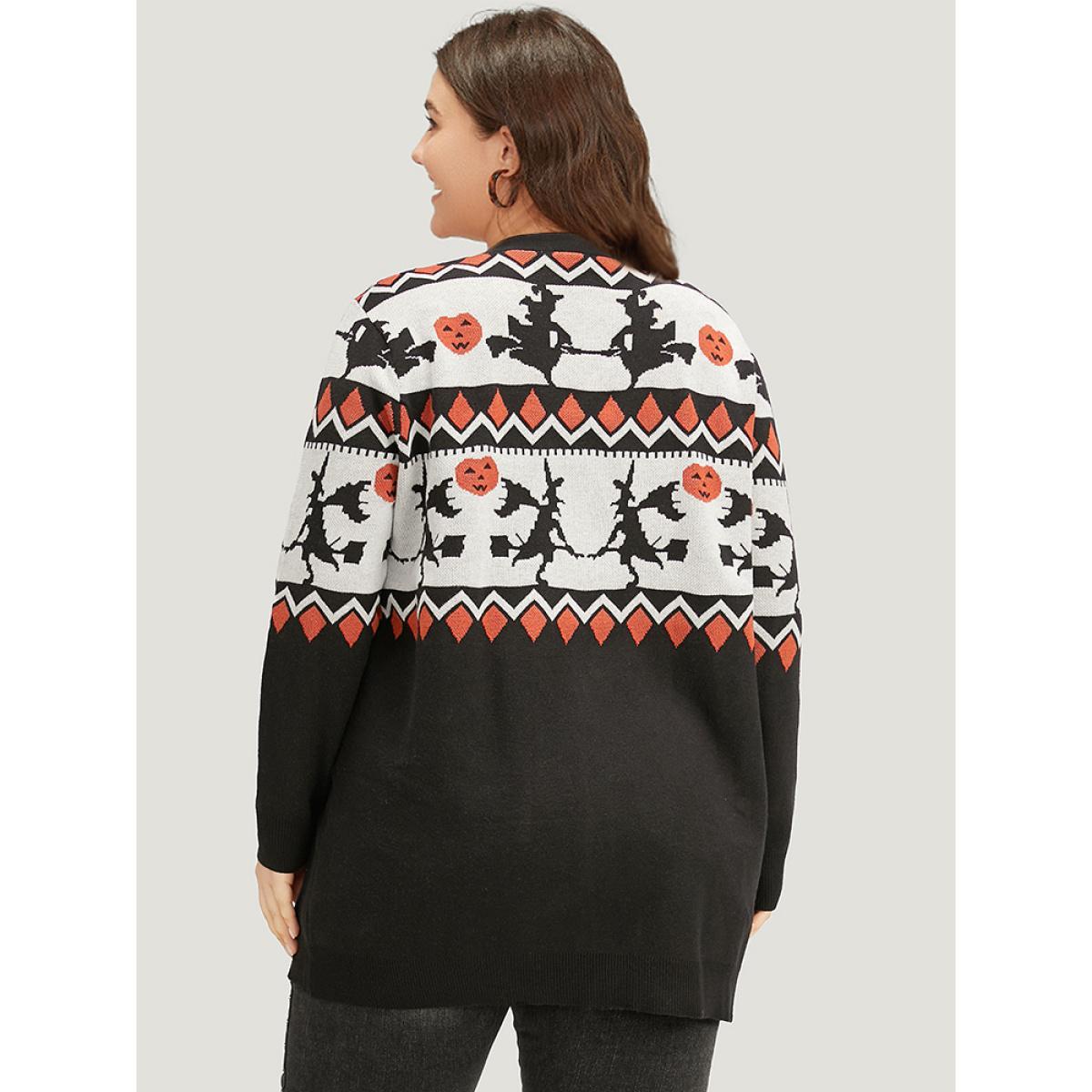 Plus Size Halloween Geo & Witch Print Open Front Cardigan Black Women Casual Loose Long Sleeve Festival-Halloween Cardigans BloomChic 12/L Product Image
