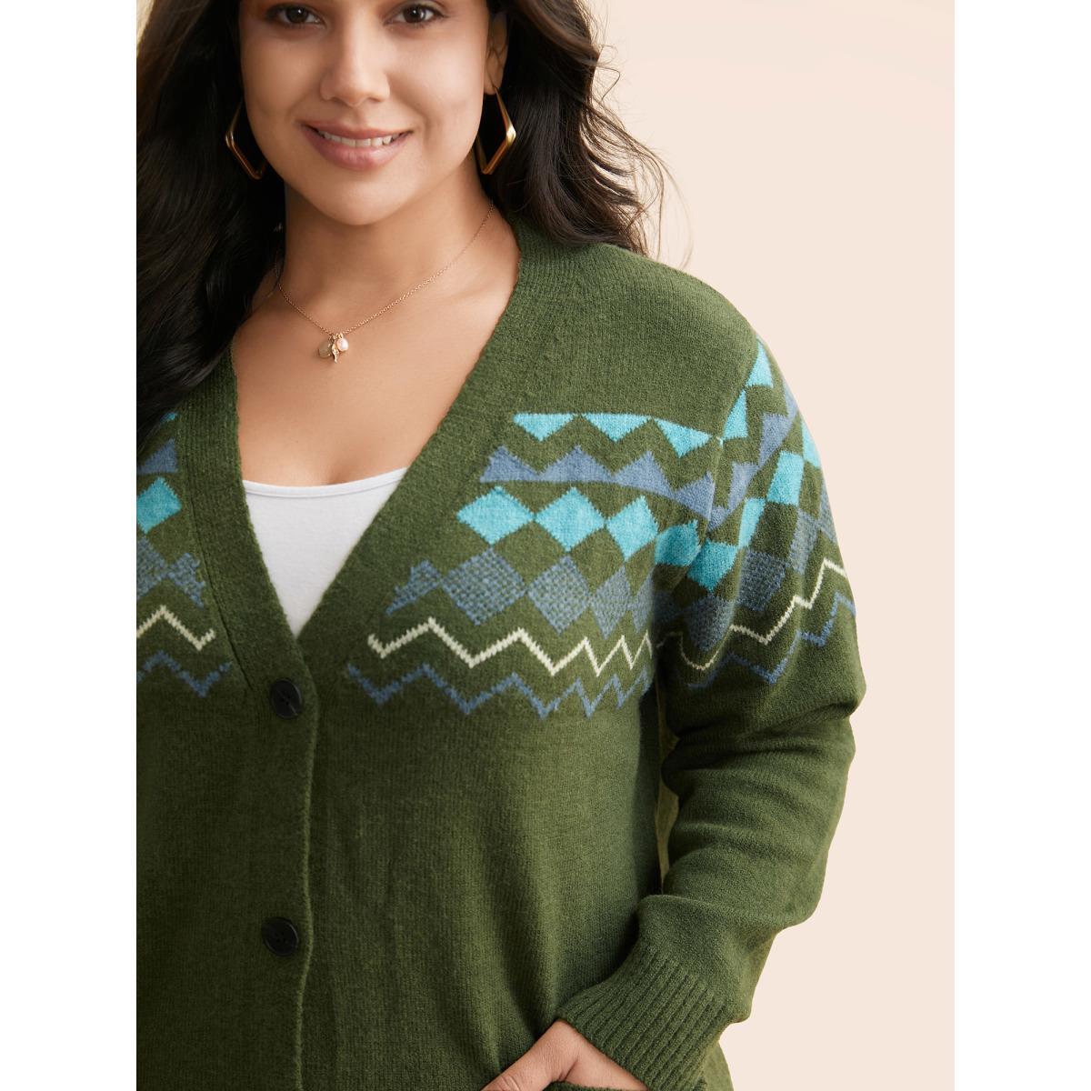 Plus Size Bandana Geometric Patch Pocket Cardigan Moss Women Casual Loose Long Sleeve Everyday Cardigans BloomChic 26/4X Product Image