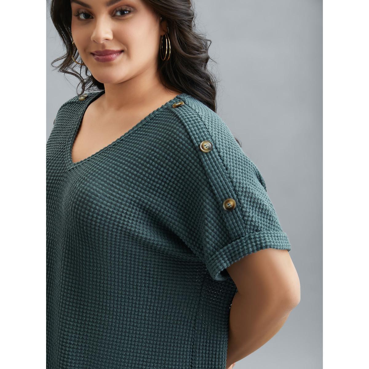 Plus Size Stretchy Buttons Fitted Waffle Knit T-Shirt Teal Women Casual Texture V-neck Everyday T-shirts BloomChic 12/L Product Image