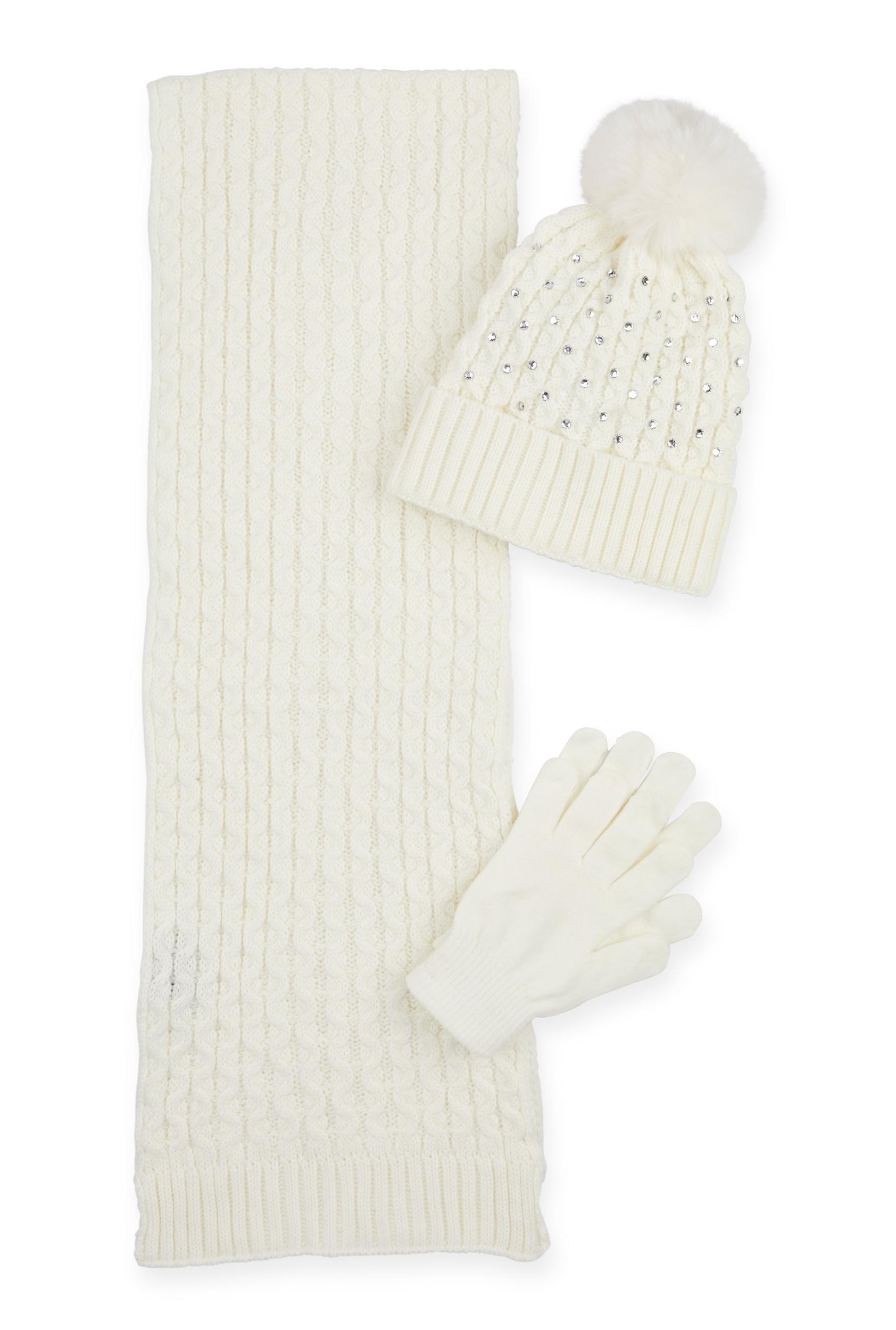 Womens Rhinestone Beanie with Cable Knit Scarf and Gloves Product Image