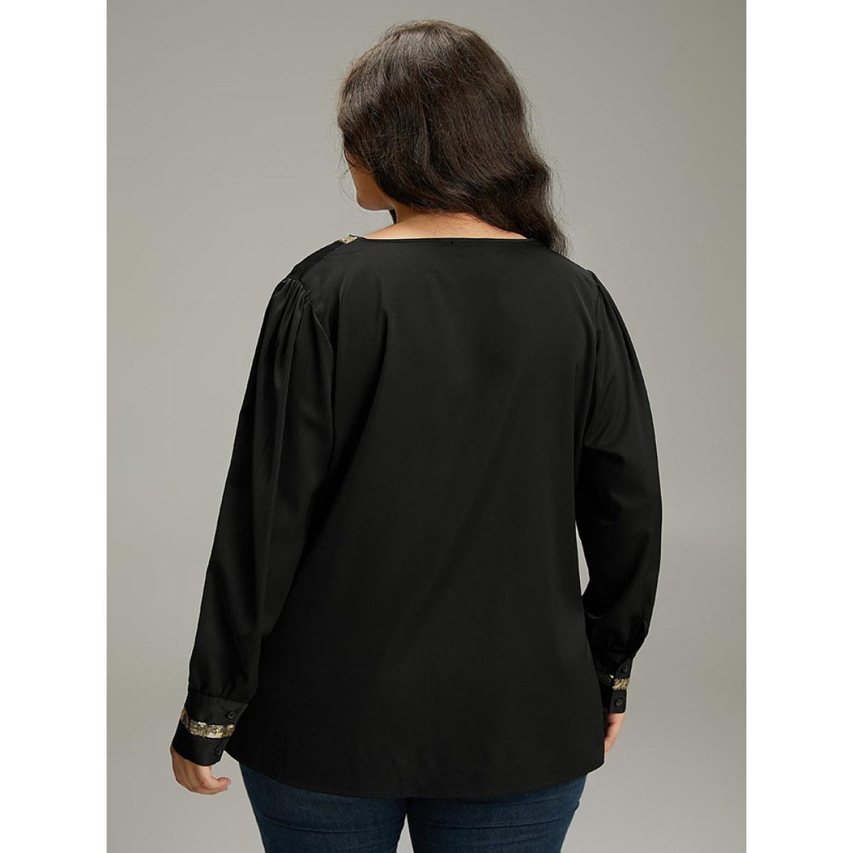 Plus Size Black Sequin Patchwork V Neck Blouse Women Glamour Long Sleeve V-neck Party Blouses BloomChic 22-24/3X Product Image