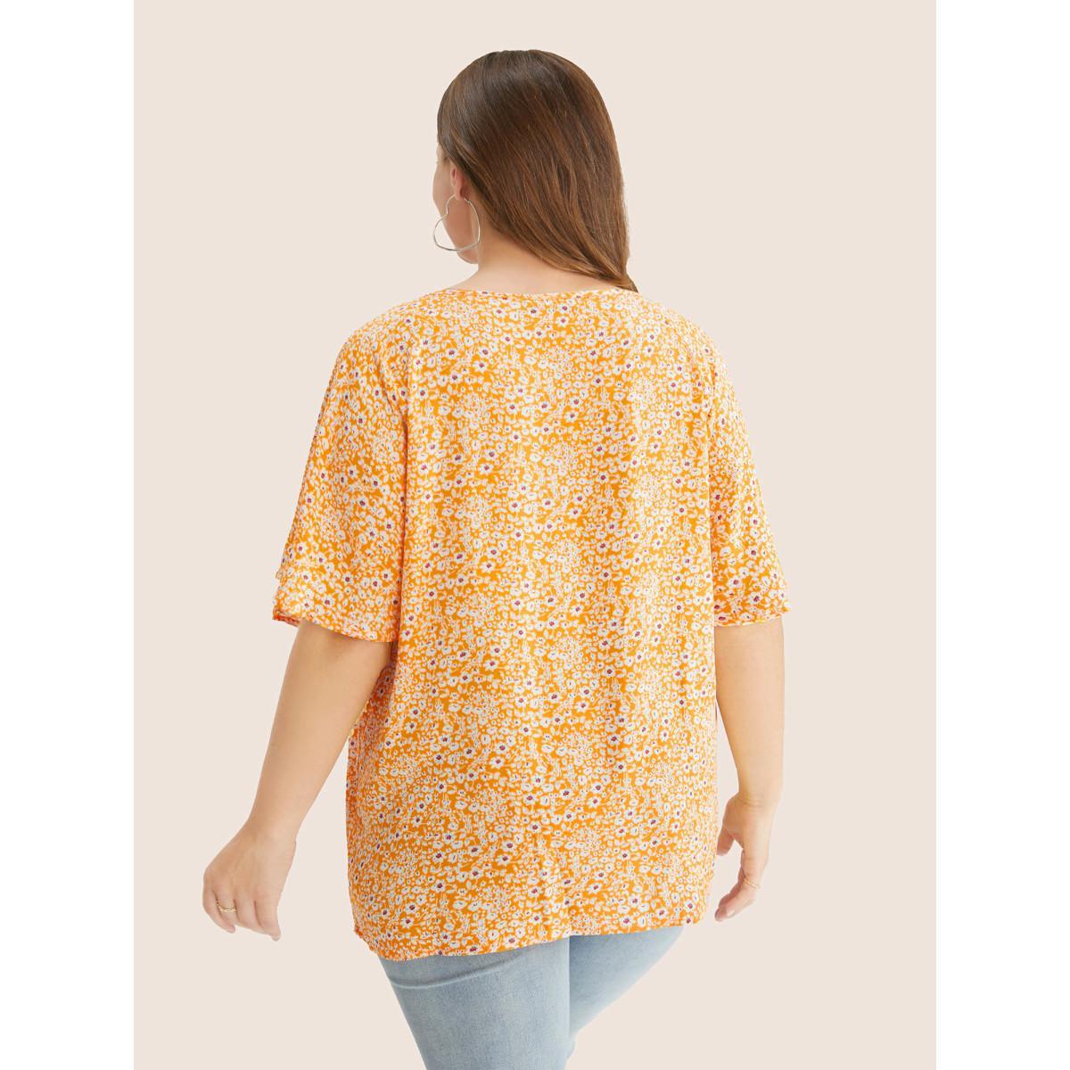 Plus Size Yellow Ditsy Floral Ruffle Sleeve Tie Neck Blouse Women Elegant Short sleeve V-neck Everyday Blouses BloomChic 28/5X Product Image