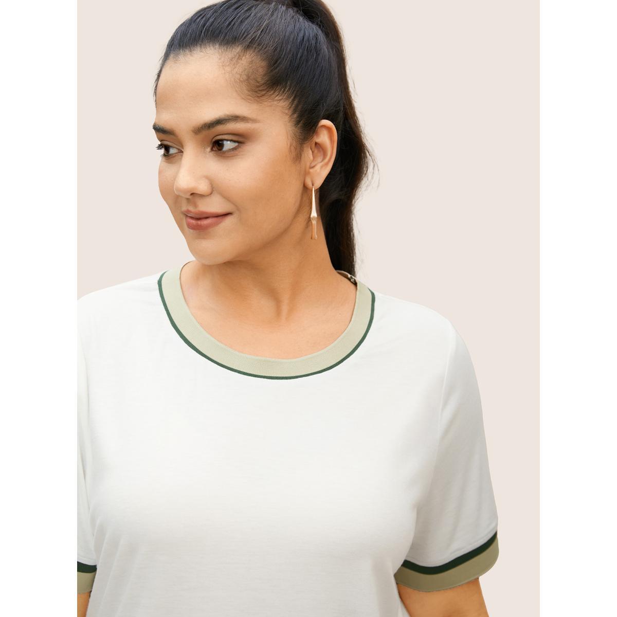 Plus Size Contrast Rib Knit Round Neck T-shirt Originalwhite Women Casual Contrast Round Neck Everyday T-shirts BloomChic 10/M Product Image
