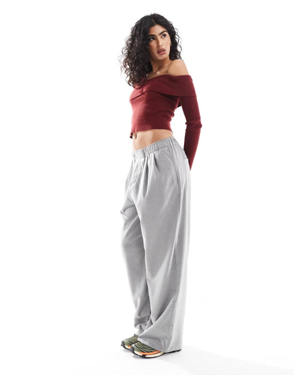 Miss Selfridge asymmetric knit rib long sleeve top in burgundy Product Image