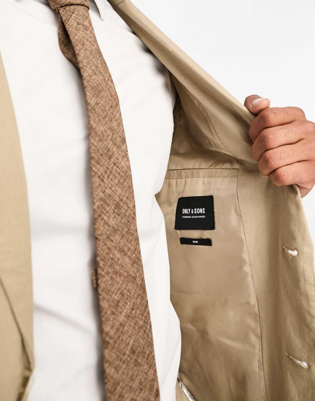 Only & Sons slim fit linen mix suit jacket in beige Product Image