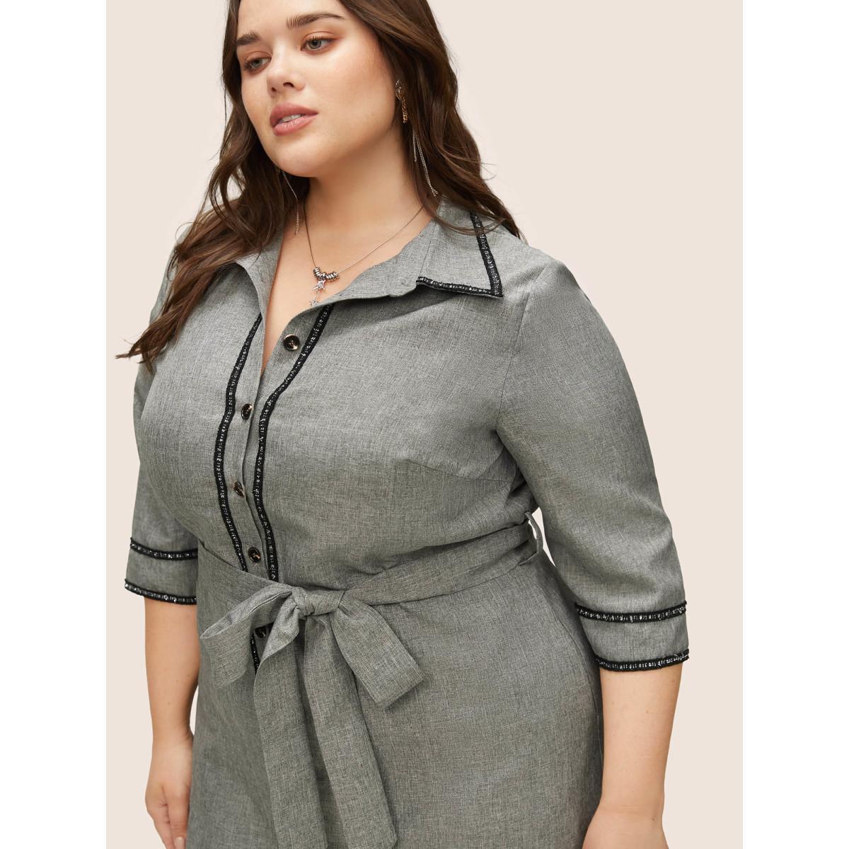 Plus Size Shirt Collar Patchwork Contrast Belted Dress Gray Women At the Office Non Shirt collar Elbow-length sleeve Curvy Midi Dress BloomChic 26/4X Product Image