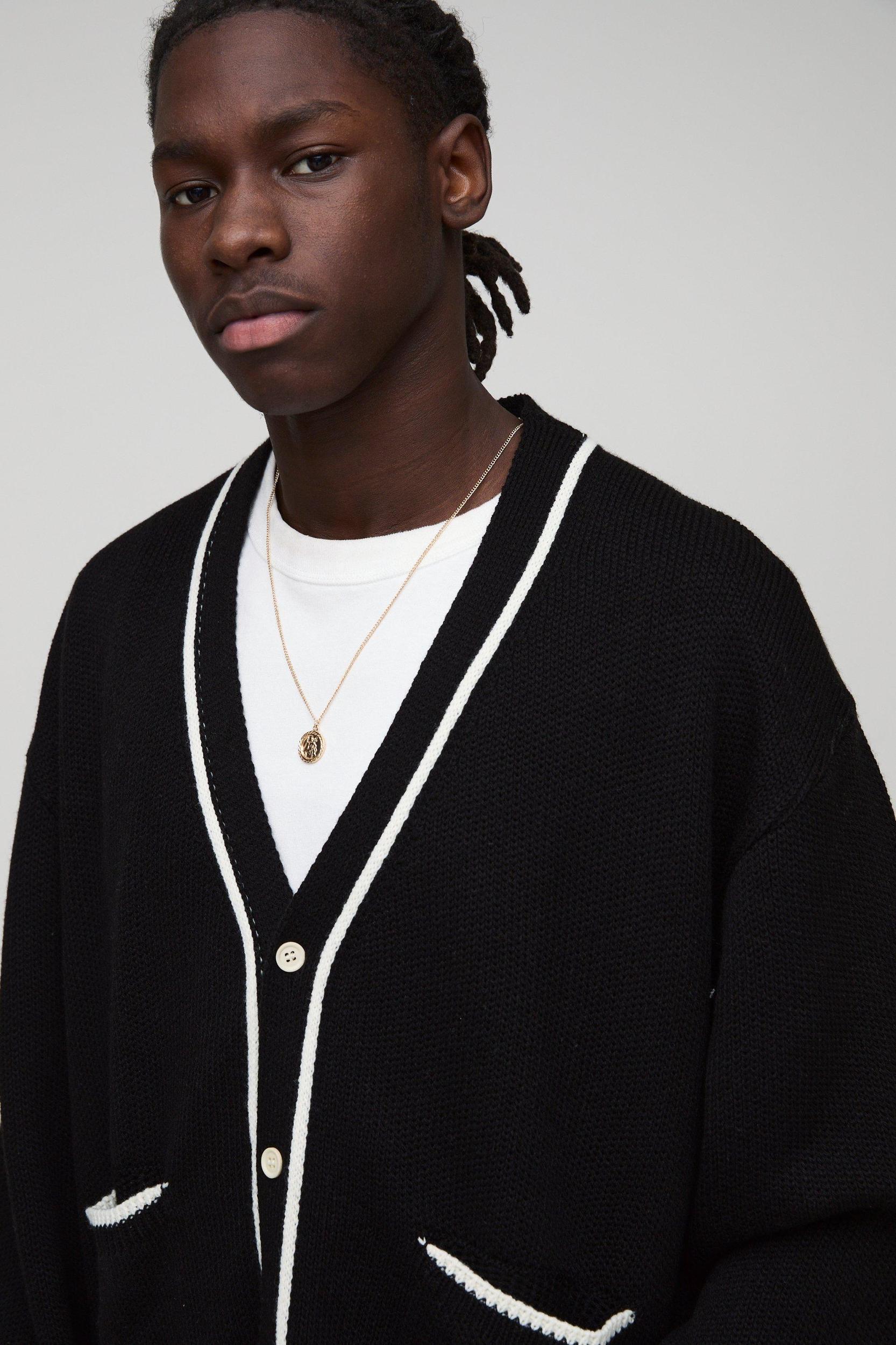 Oversized Boxy Knitted Cardigan With Tipping | boohooMAN USA Product Image