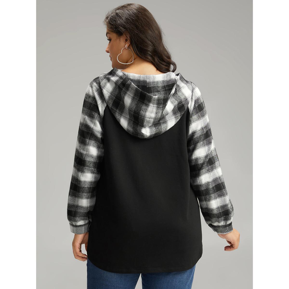 Plus Size Plaid Print Hooded Patchwork Sweatshirt Women Black Casual Patchwork Hooded Everyday Sweatshirts BloomChic 22-24/3X Product Image